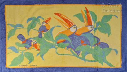 HERMES Paris Cotton terry beach towel with toucans on yellow background, blue margin....