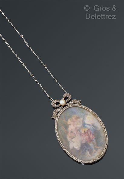null Necklace in white gold, decorated with a miniature on mother-of-pearl representing...
