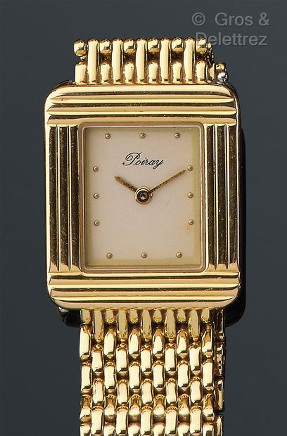 POIRAY "Ma Première" - Yellow gold and steel wristwatch, rectangular case with gadrooned...