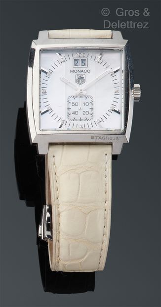 TAG HEUER "Monaco" - Ladies' watch bracelet in steel. Square case, mother-of-pearl...