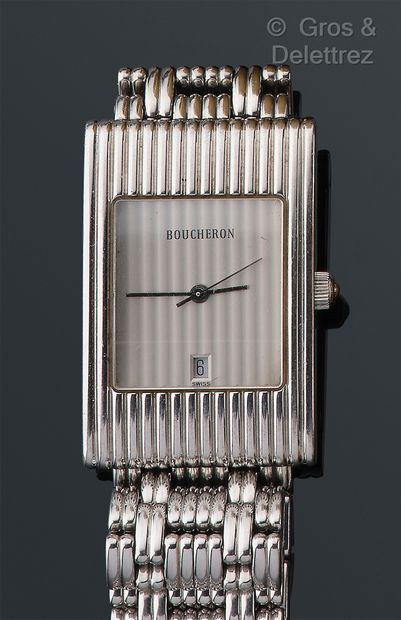 BOUCHERON "Reflet" - Steel wristwatch, rectangular gadrooned case (36 x 24 mm), striated...
