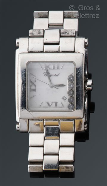 CHOPARD "Happy Sport" - Stainless steel wristwatch, rectangular dial (35 x 47 mm),...