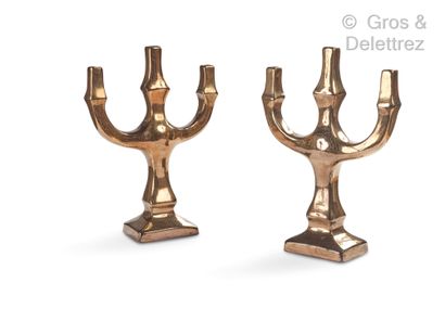 DENISE GATARD (1921-1992) Pair of candlesticks in mordant ceramic Monogrammed H :...