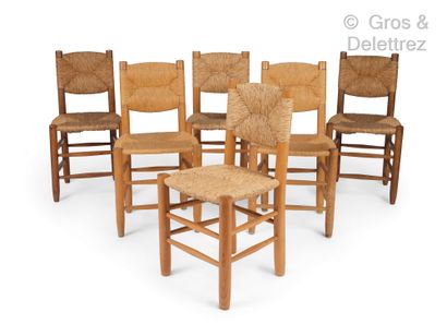 Charlotte PERRIAND (1903-1999) Suite of six chairs model " Bauche, n°19 ", ash structure,...