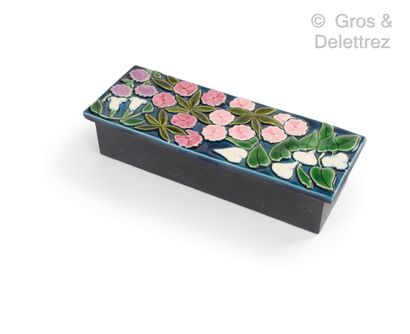 MITHÉ ESPELT (1923-2020) Box in blackened wood and enamelled ceramic with floral...