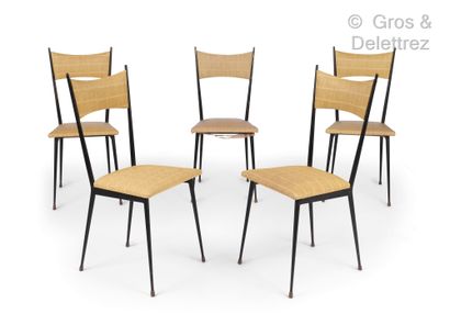 Colette GUEDEN (1905-2 000) Suite de cinq chaises, structure en métal laqué noir,...