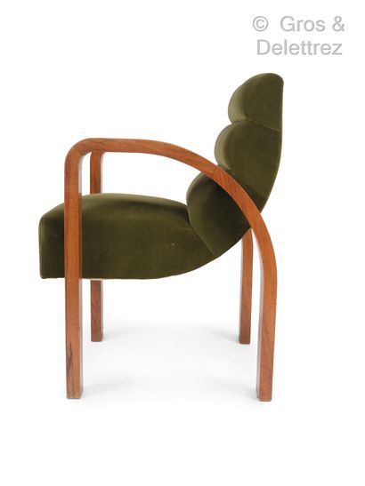 Lucie RENAUDOT (?-1969) Pair of armchairs, walnut "Arcs" armrests, green velvet upholstery

Circa...