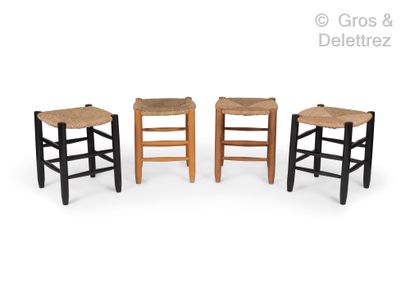 Charlotte PERRIAND (1903-1999) Set of four stools "Bauche n°17", structure in varnished...