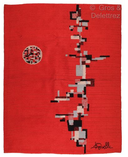 Odile PENELLE (XXe) Red wool carpet with geometric decoration Signed in the decoration...