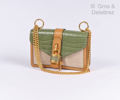 CHLOE Sac « Aby Chain » 24 cm en toile chiné beige, cuir lisse camel et cuir brillant...