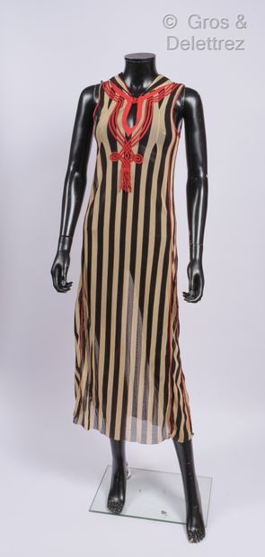 JEAN PAUL GAULTIER SOLEIL Robe longue sans manche en maille rayée beige, noire, capuche...