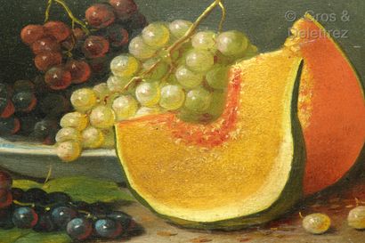 PEREZ (XXe) Nature morte au melon avec raisins et nature morte au pichet et clémentines

Paire...