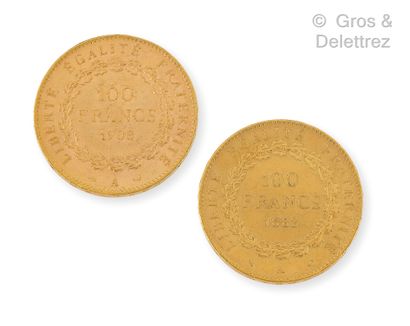 null Lot comprenant deux pièces de 100 francs français (Génie), l’une datée de 1882...