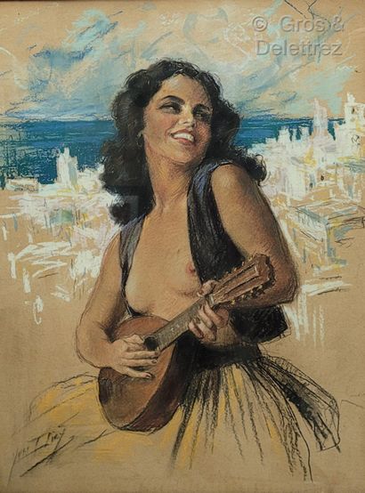 Yves THIEY 
Young woman with a mandolin 
Pastel...