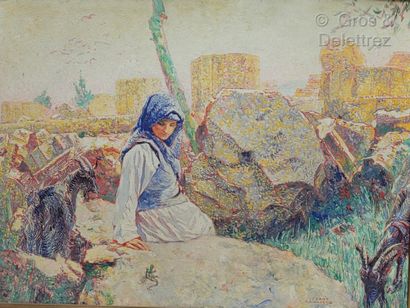  Frans GAILLIARD (1861-1932) 
Jeune bergère 
Huile sur isorel, signée en bas vers...