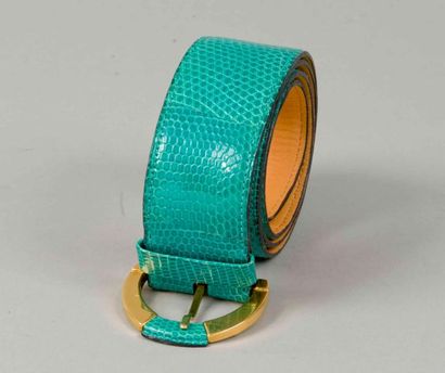 J.P GANDOLFI Ceinture en lézard turquoise, boucle en laiton doré. T. 80/85cm