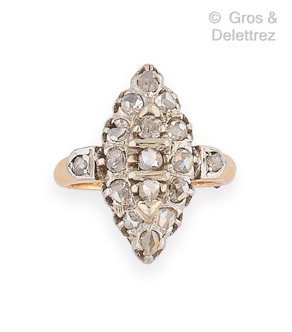 null Yellow gold and silver "Shuttle" ring, adorned with rose-cut diamonds. Finger...