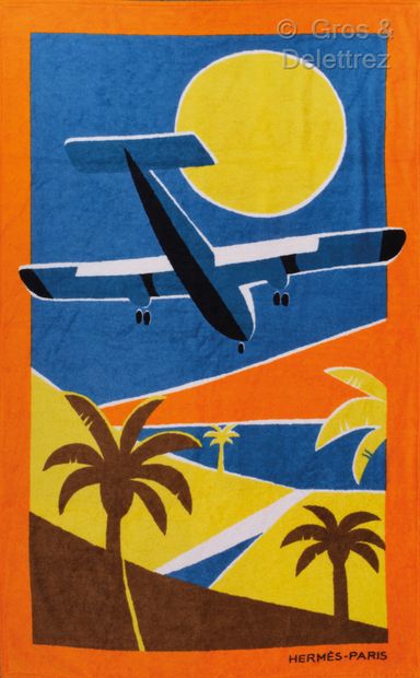 HERMES Paris Drap de plage en coton éponge imprimé à décor d’avion en atterrissage,...