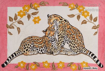 HERMÈS Paris made in France Beach towel in printed cotton terry with two felines,...