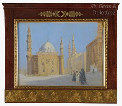 Ecole orientaliste XXe siècle Place animée devant une mosquée au Caire

Pastel.

49...
