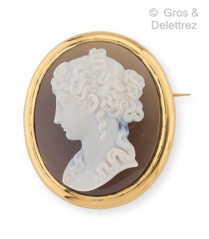 null Brooch in yellow gold, decorated with a cameo on agate representing the profile...