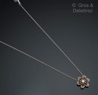 null White gold necklace, holding a "Flower" adorned with an old cut diamond in a...