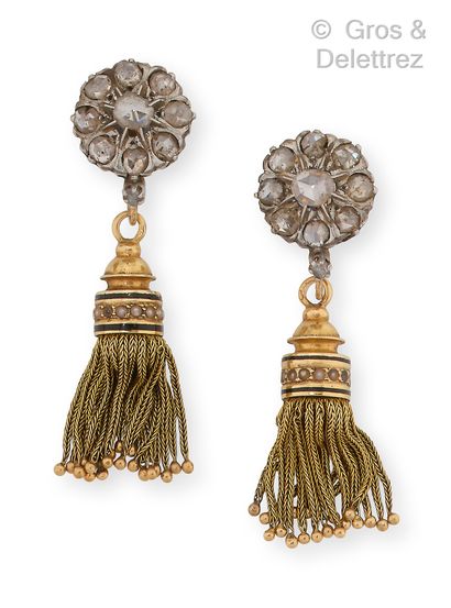 Pair of yellow gold and silver earrings,...