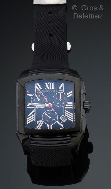 MAUBOUSSIN "Délit" - Blackened steel chronograph watch, cushion case (42 x 40 mm),...