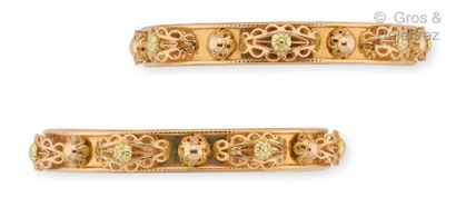 null Lot of two gold bracelets "Jonc" of two colors with filigree decoration. Wrist...