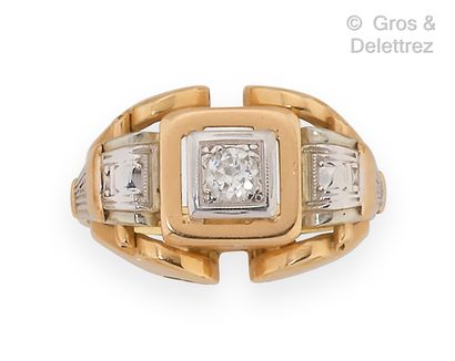 null Yellow gold and platinum openwork ring set with a brilliant-cut diamond and...