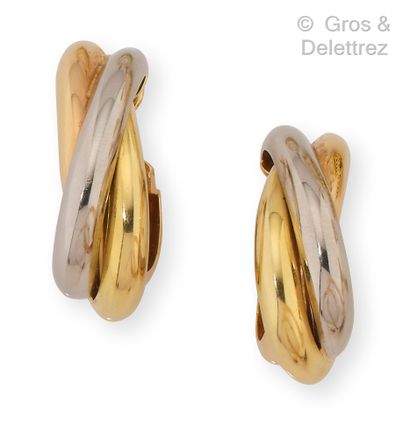 CARTIER "Trinity" - Pair of gold earrings in three colors. Clasp with pin and safety...