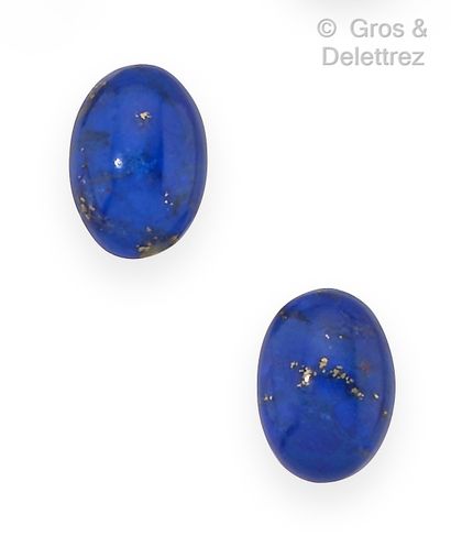 null Pair of yellow gold earrings, decorated with oval cabochon of lapis lazuli....