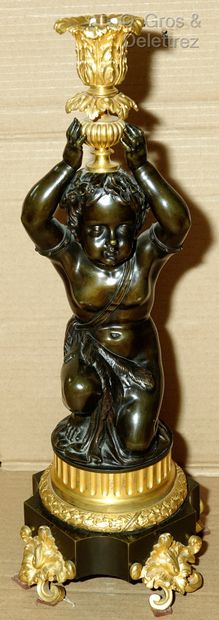 null 
PIED DE LAMPE en bronze patiné et bronze doré, le fût formé d'un jeune Bacchus...