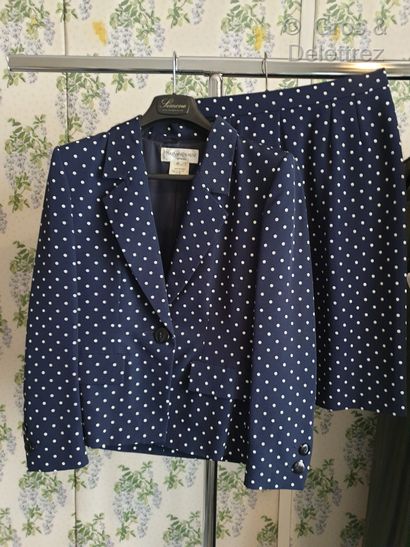 null Yves Saint Laurent Variation Tailleur jupe en coton marine à poids blancs, veste...