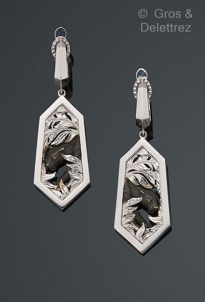 MARGUERITE Pair of earrings in white gold, adorned with a hexagonal plate finely...