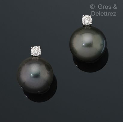 null Pair of earrings in white gold, decorated with grey Tahitian pearls topped with...