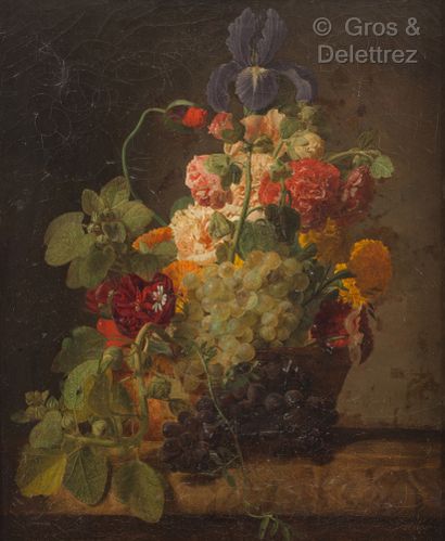 Moïse JACOBBER (1786-1863) Le panier de fleurs et de fruits

Huile sur toile.

Signature...