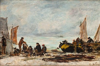 Eugène BOUDIN (1824-1898) 
Pêcheurs rangeant leurs filets à Etretat




Huile sur...