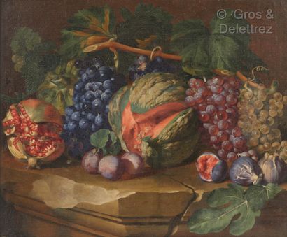 Reynaud LEVIEUX (1613-1699) Nature morte au melon, à la grenade, raisins et figues

Toile

Signée...