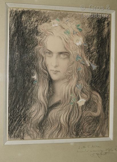 Ernest HEBERT (Grenoble 1817 – La Tronche 1908) Portrait de jeune fille avec fleurs

Fusain,...