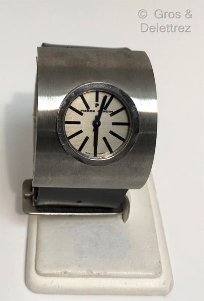 PIERRE CARDIN Circa 1970 - Wrist watch in polished steel, convex case, grey dial,...