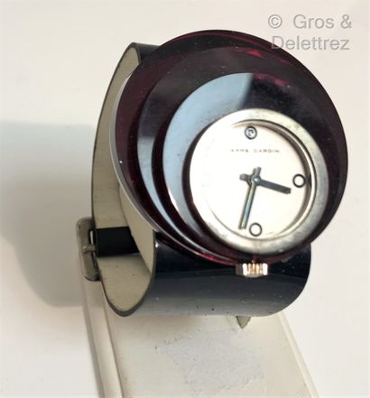 PIERRE CARDIN Circa 1970 - Red plastic wristwatch with step decoration, grey dial,...