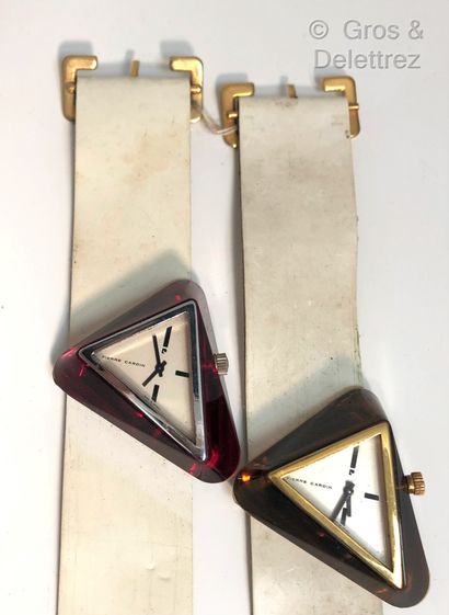 PIERRE CARDIN Circa 1970 - Lot of two triangular-shaped wristwatches in translucent...