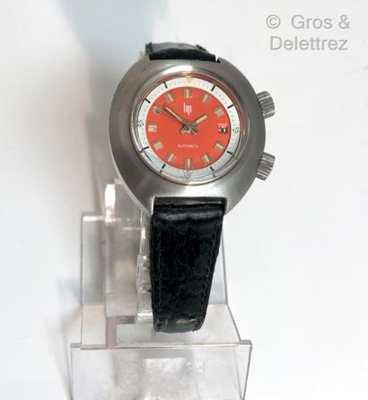 LIP Circa 1970 - Women's dive wristwatch, 30mm brushed steel case, orange dial, date...