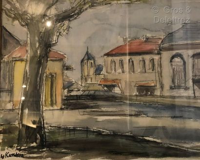 null (E) Rudolf KUNDERA 

Village Square 

Charcoal and watercolor on paper, signed...