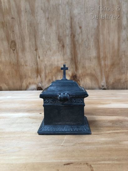 null PARIS - Rectangular pewter Baptismal Holy Oils box, with molded base and doucine...
