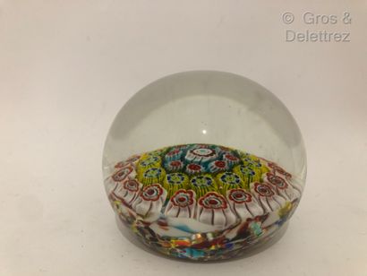 null Round crystal paperweight



White, yellow, blue and red tinted millefiori sulfide...