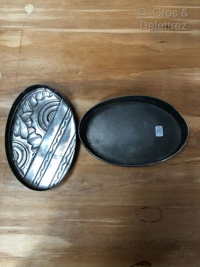 null PETIZON Emile Oval pewter box with lid with geometric and floral stylized decoration....