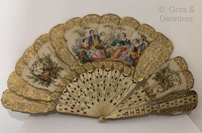 null Fan, the leaf composed of paper palmettes decorated with embossed and gilded...