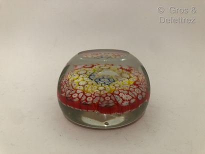 null Round faceted crystal paperweight.



Red, yellow, blue and white tinted millefiori...